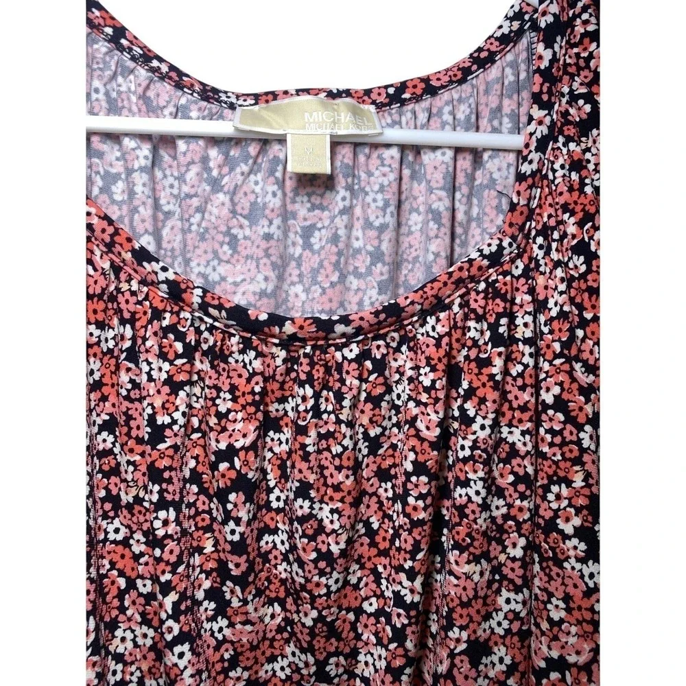 Michael Kors Boho Womens Floral Print 3/4 Sleeve Scoop Neck Smocked Top Blouse M